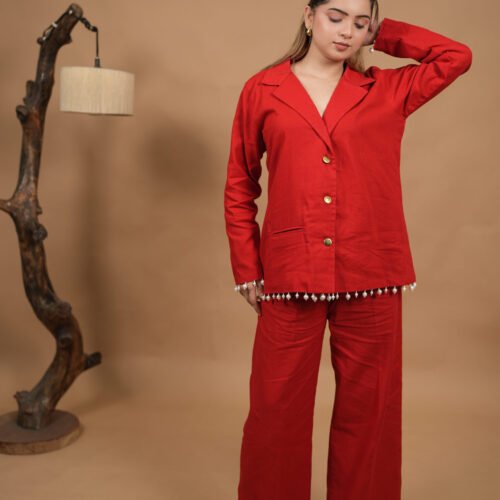 Red Linen Pearl Blazer Co-ord Set