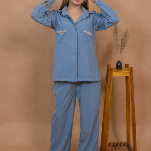 Light Blue Embellished Pockets Co-ord Set